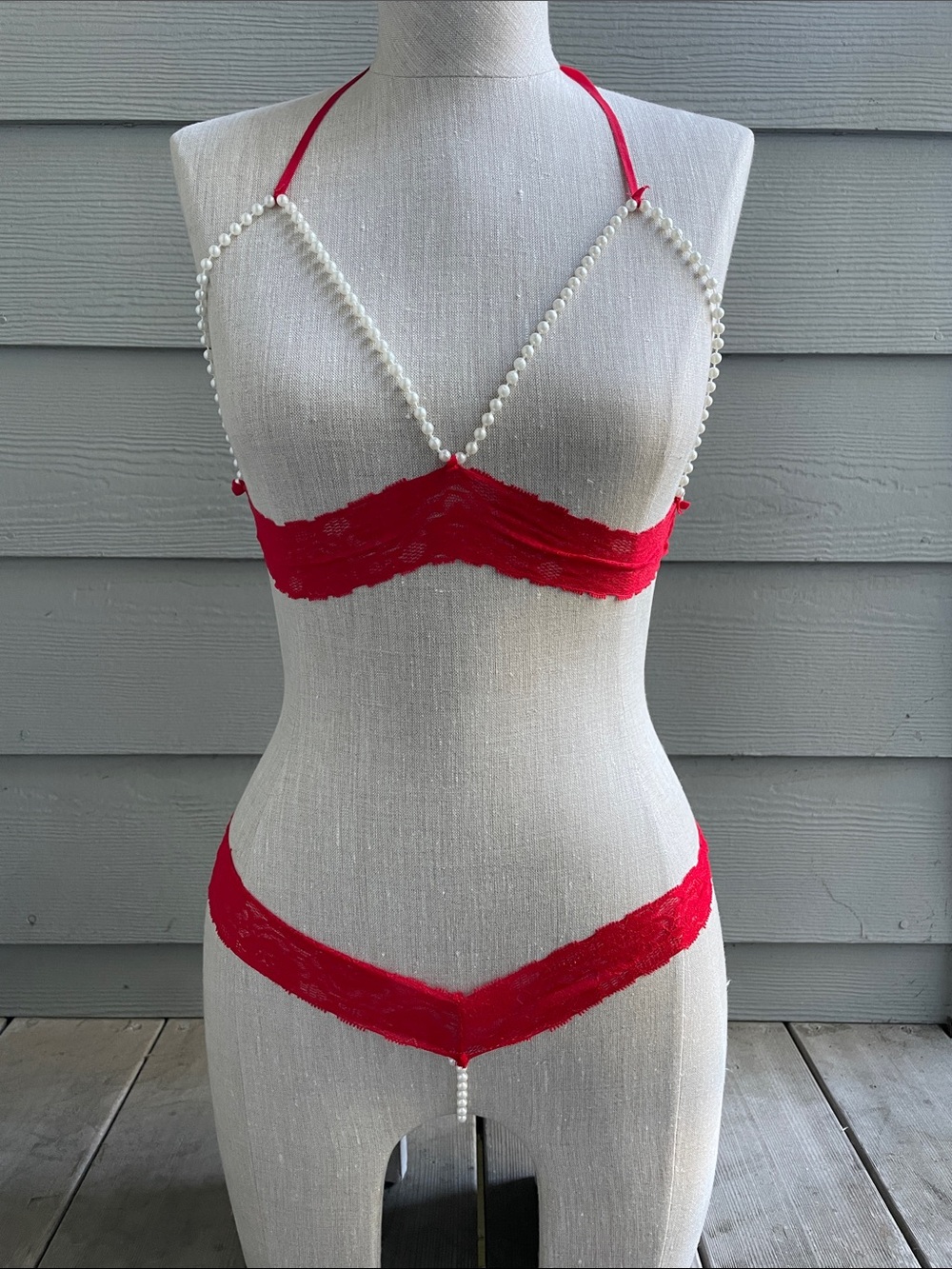 Pearl-Trim Red Lace Bralette / Underwear Set - BNWOT
